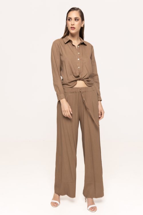 Pantaloni largi cu talie elastică și șnur decorativ Crina
