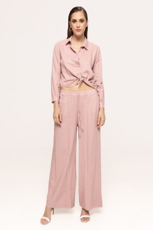 Pantaloni largi cu talie elastică și șnur decorativ Crina