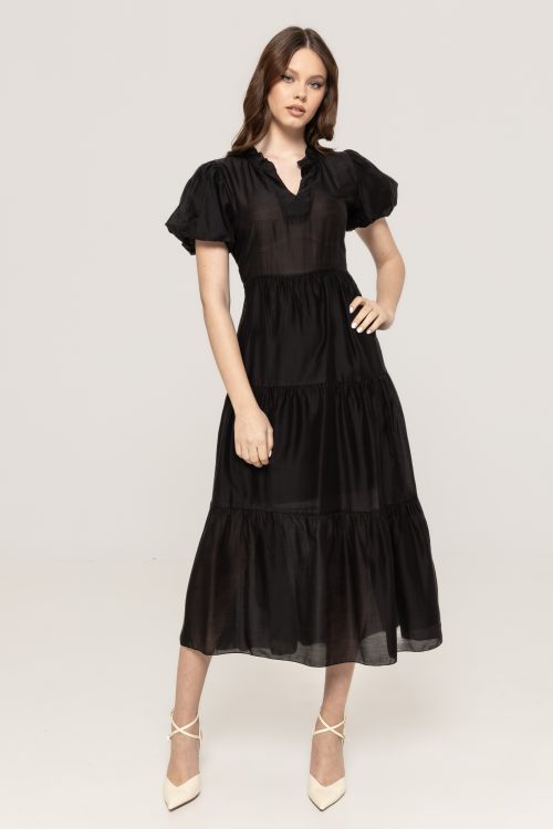 Rochie midi cu volane și mâneci bufante Irina