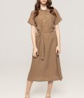 Rochie casual din in cu cordon și guler clasic Rona