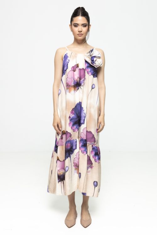 Rochie midi vaporoasă cu bretele subțiri și imprimeu floral Maggy