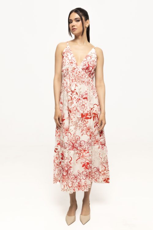 Rochie vaporoasă midi cu bretele subțiri și imprimeu floral Ruxandra