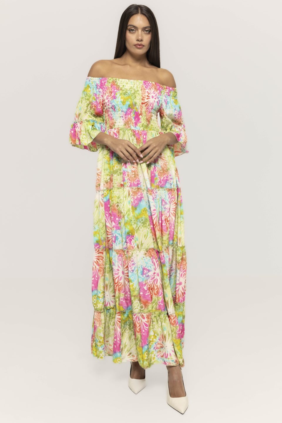 Rochie lunga cu imprimeu si maneca trei sferturi Emilia