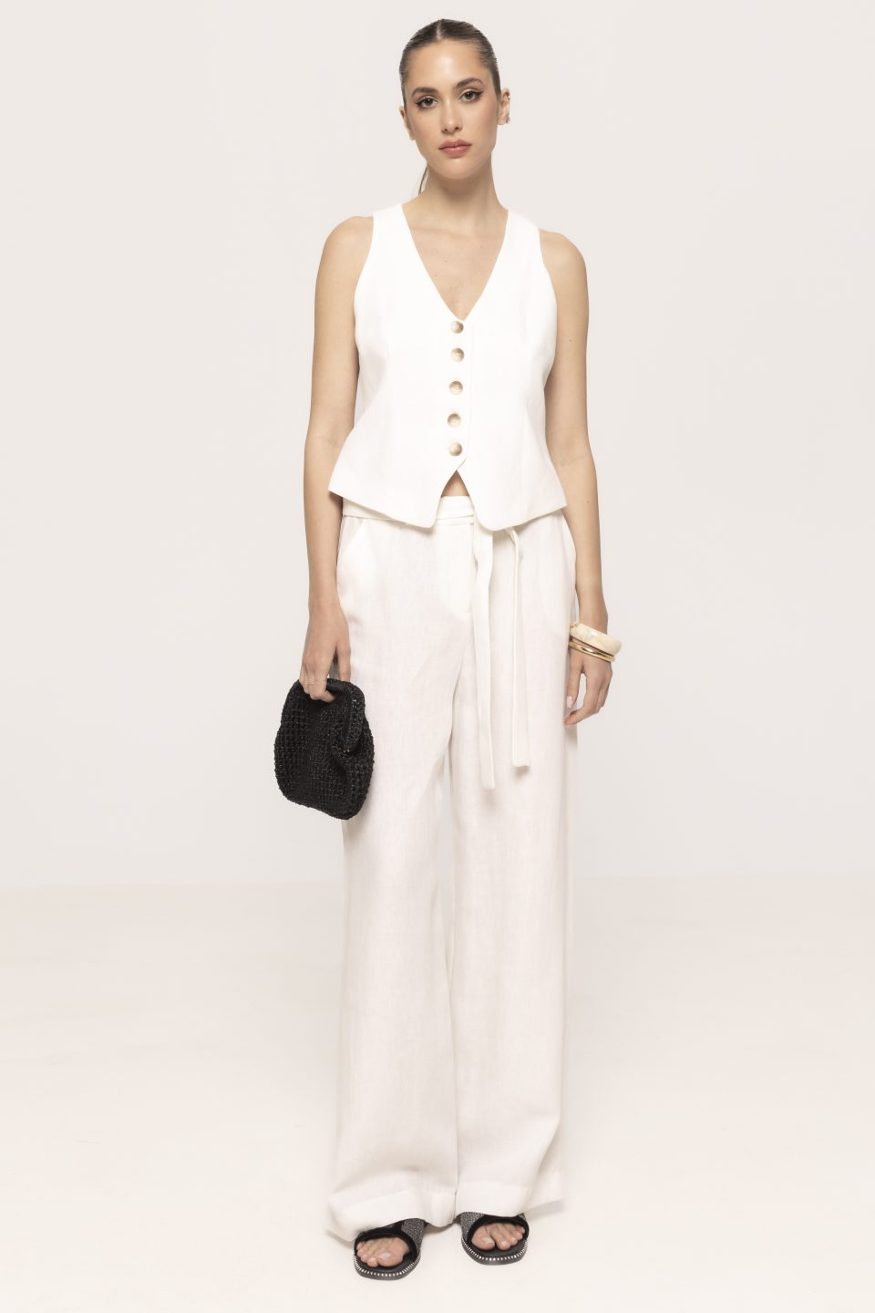 Pantalon din in cu cordon in talie Marina