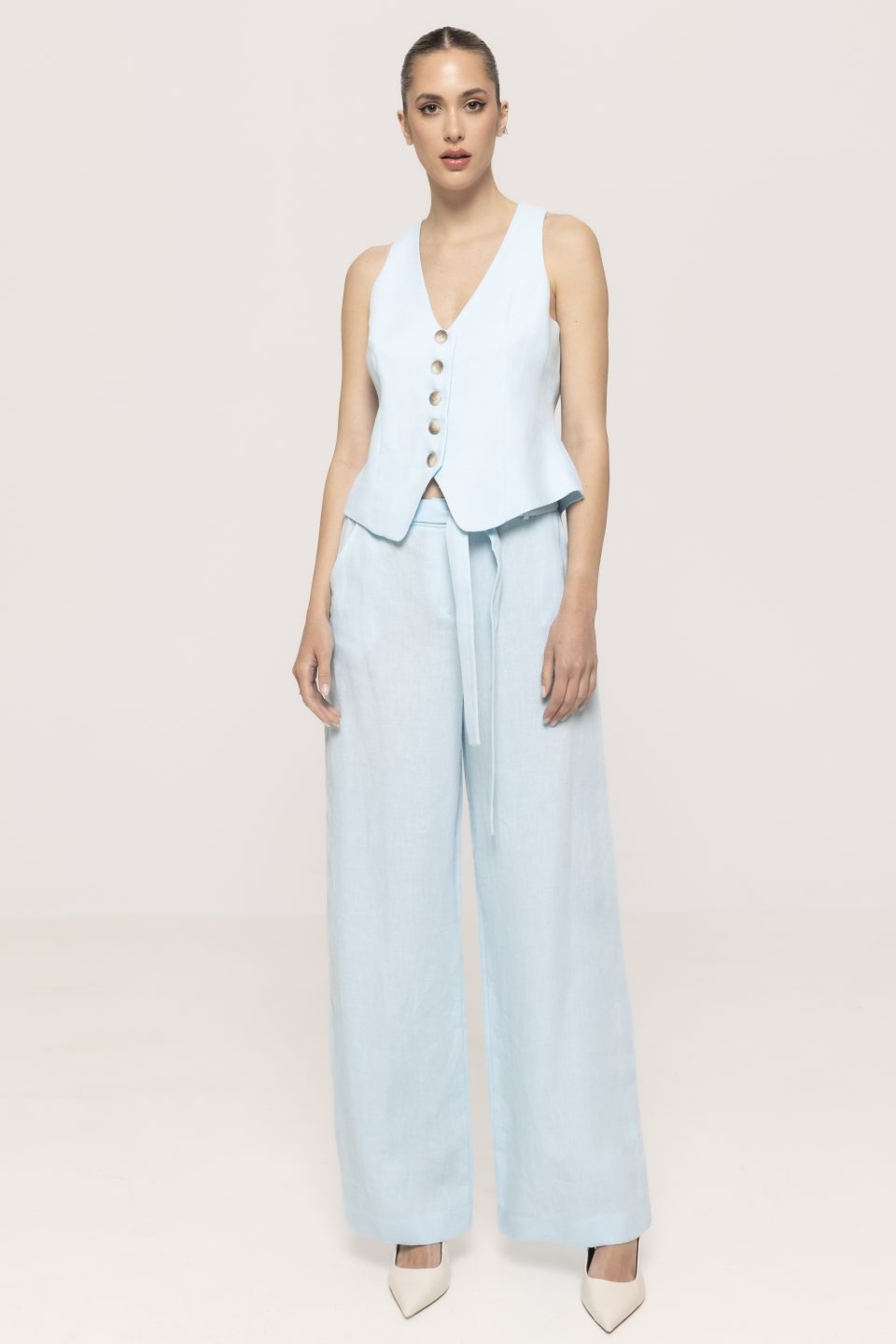 Pantalon din in cu cordon in talie Marina