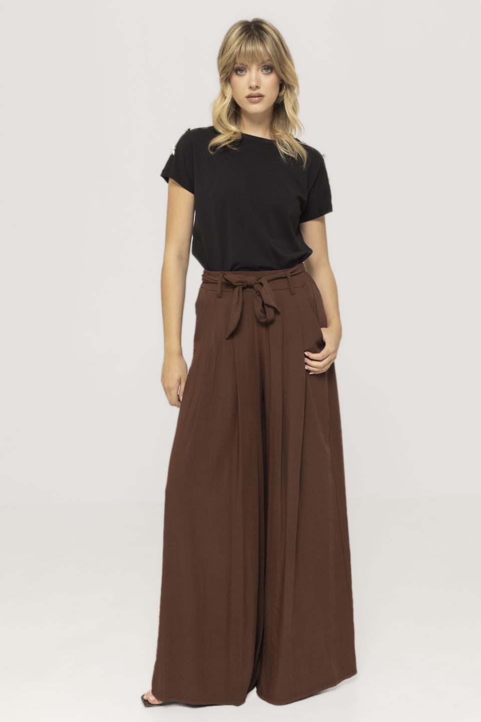 Pantalon evazat cu cordon in talie Venus