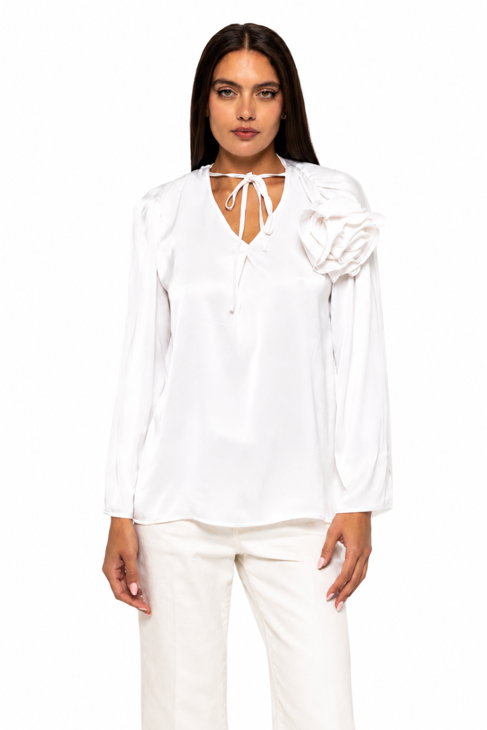 Bluza satinata cu accesoriu floare Casandra