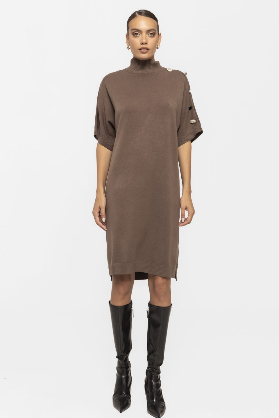 Rochie din tricot cu aplicatii accesorii pe umar Mira