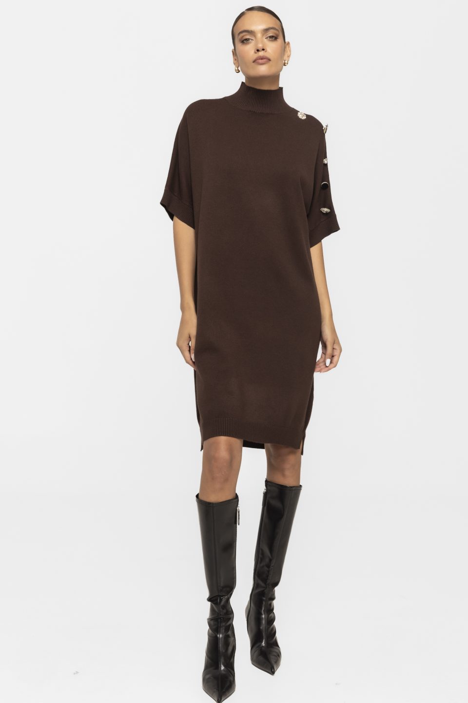 Rochie din tricot cu aplicatii accesorii pe umar Mira