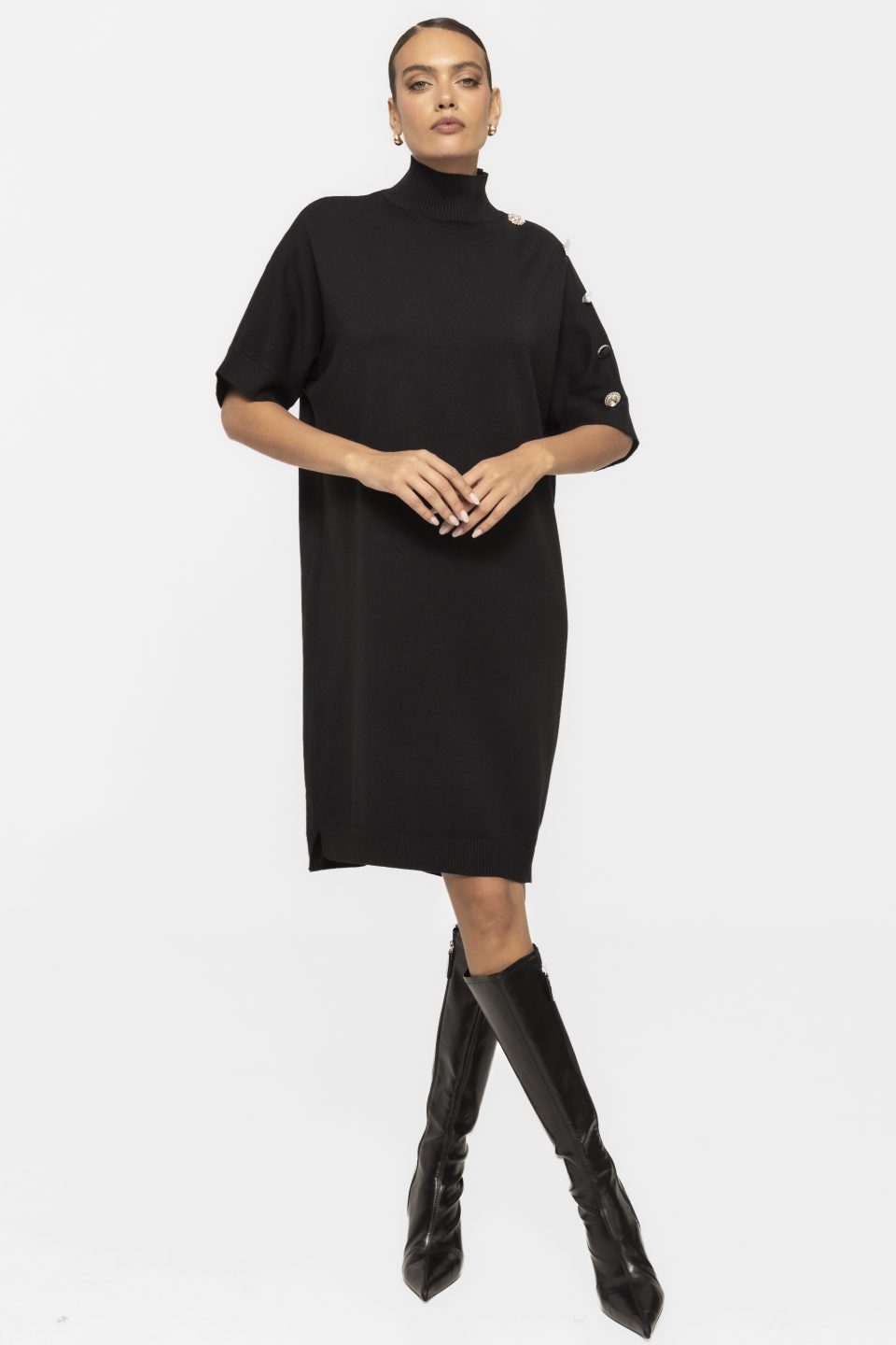 Rochie din tricot cu aplicatii accesorii pe umar Mira