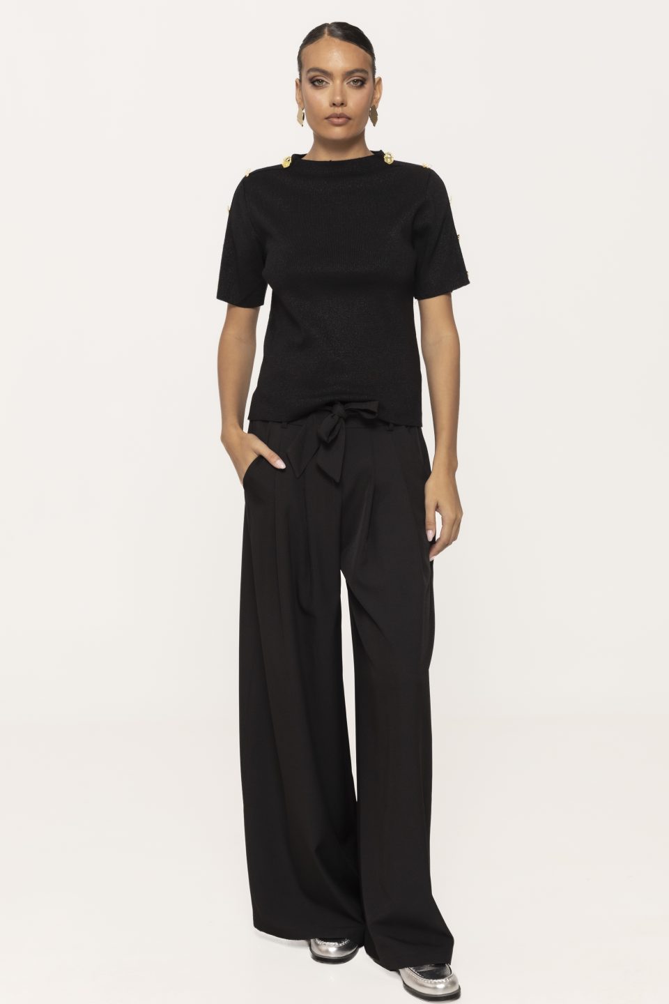 Pantalon evazat cu cordon in talie Beth