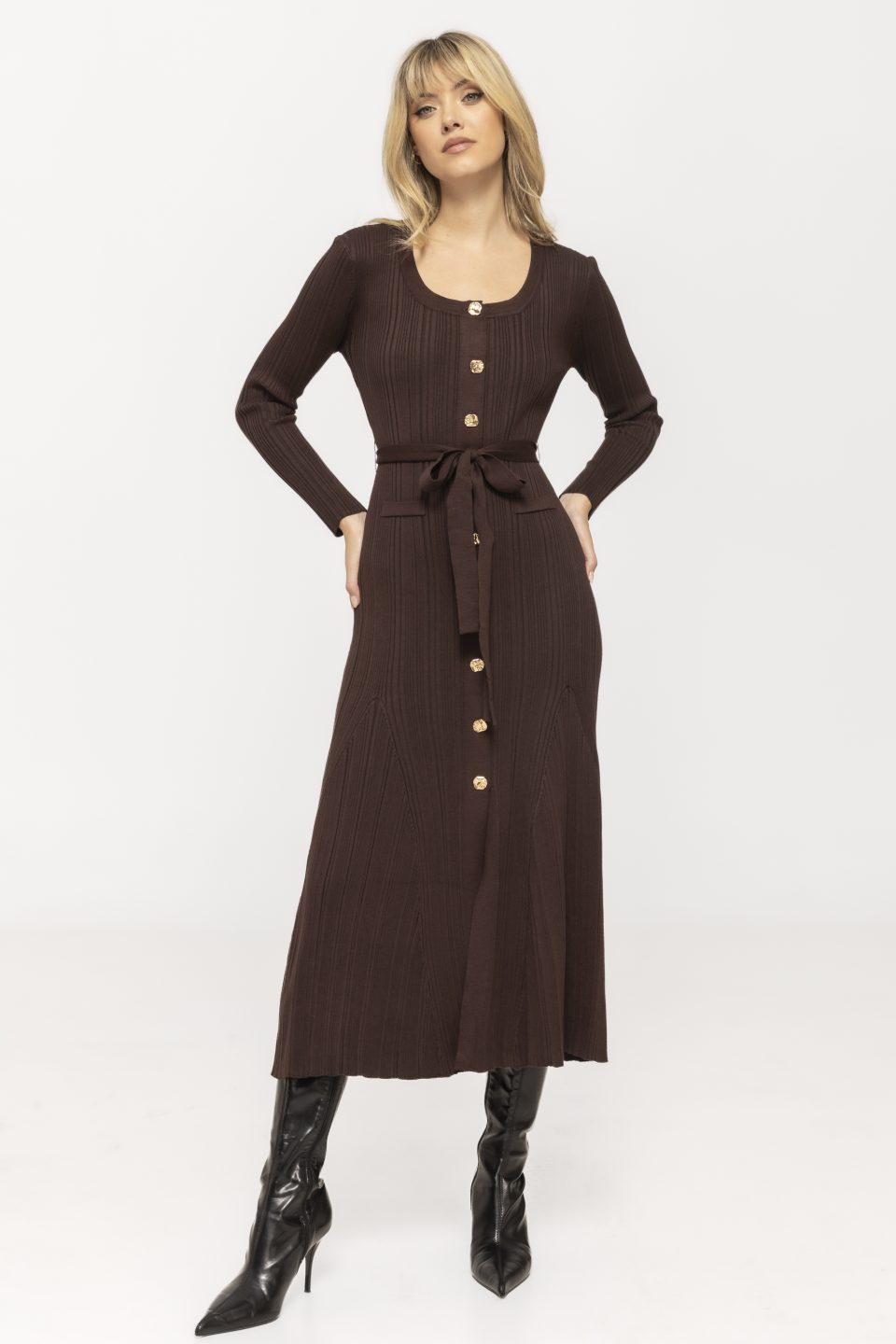 Rochie midi de tricot cu cordon in talie Miki