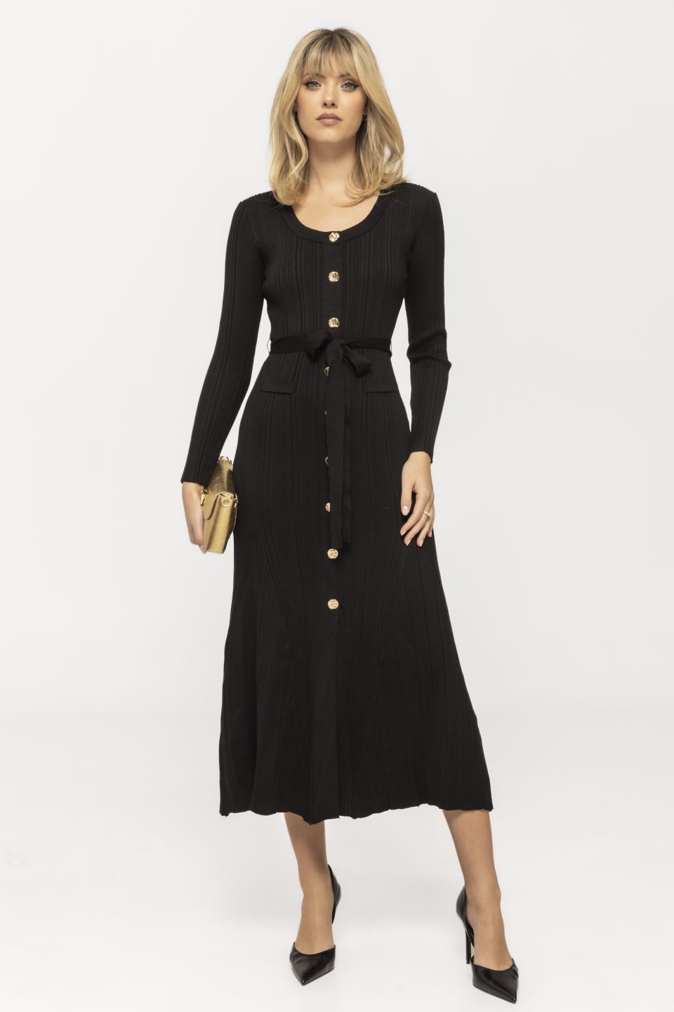 Rochie midi de tricot cu cordon in talie Miki