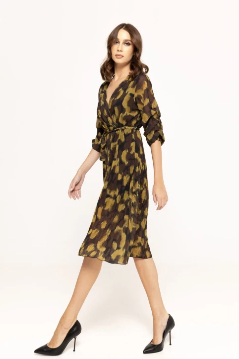 Rochie-plisata-cu-imprimeu-Emy-kaki-ETIC-2